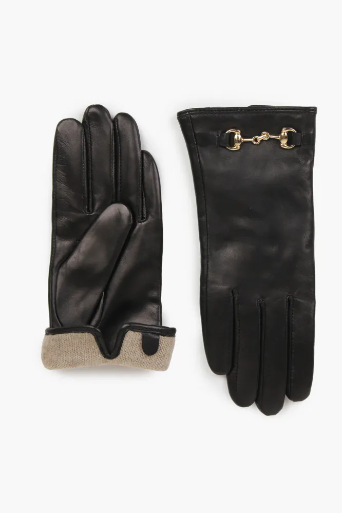 Tuva Horsebit Leather Gloves, Sort