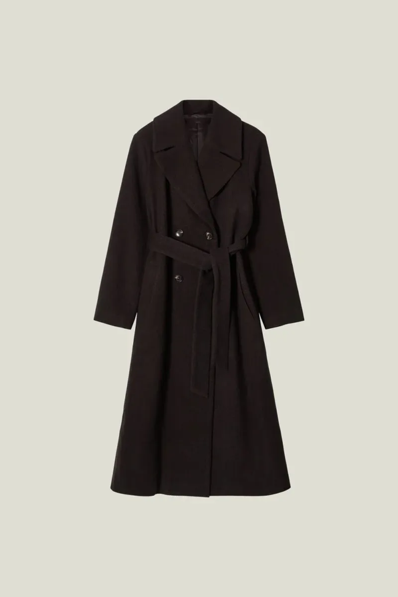 Wool Blend Belted Coat, Dark Brown
