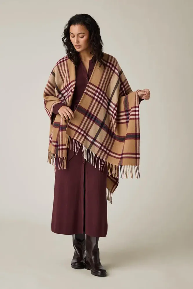 Recycled Wool Blend Poncho, Beige/Dark Red Check