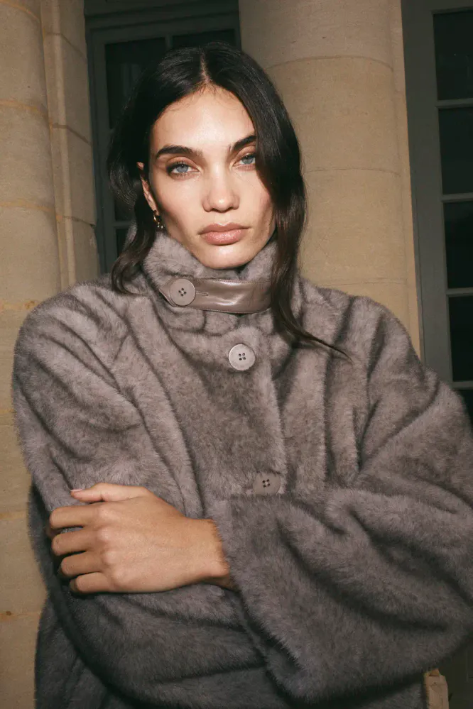 Hilda Faux Fur Jacket, Gray Sand