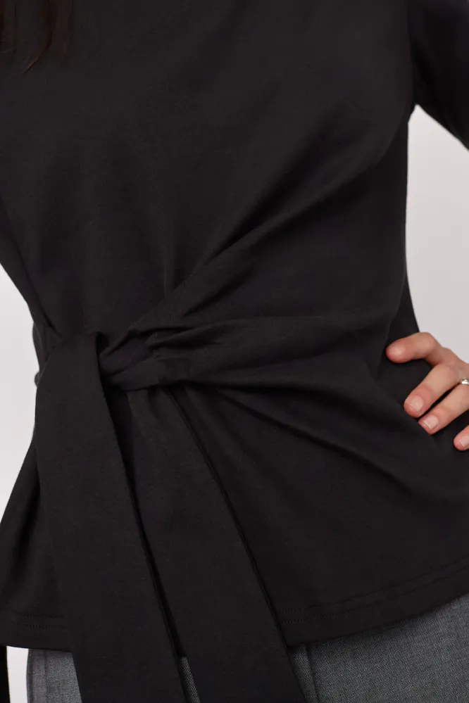 Oriane LS Pleat Tie Tee, Black