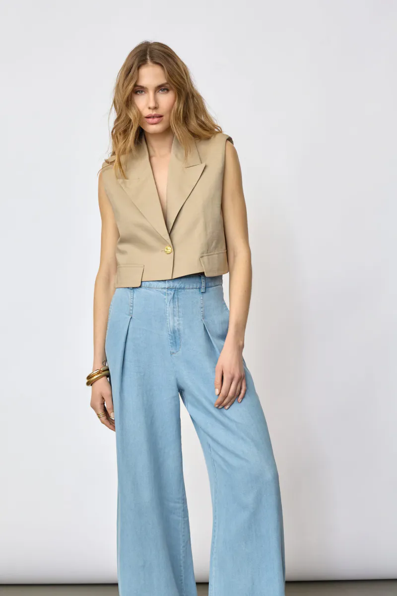 Leila Linen Crop Vest, Bisquit