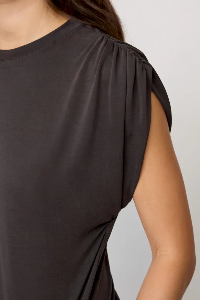 Camilla Ruched Shoulder Tee, Dark Grey