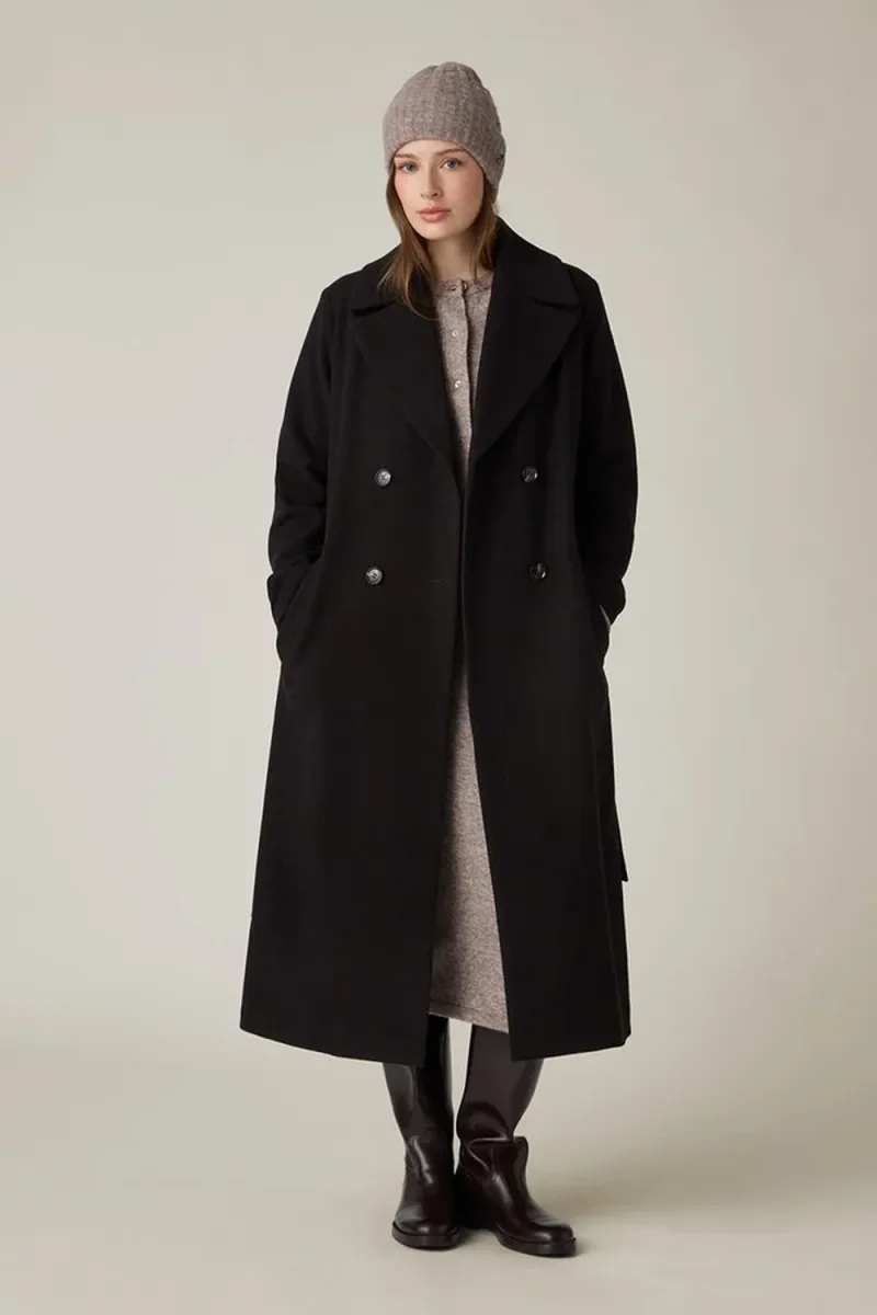 Wool Blend Belted Coat, Dark Brown