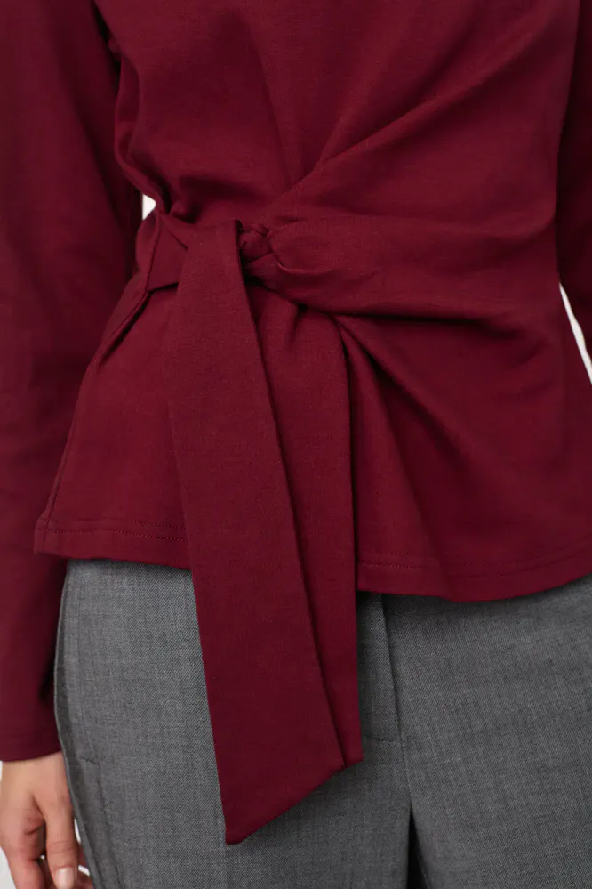 Oriane LS Pleat Tie Tee, Wine Red