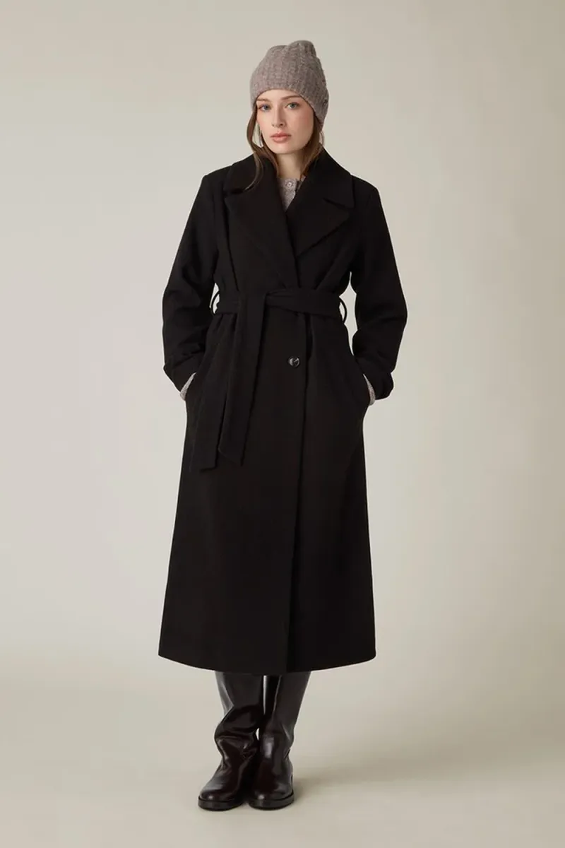 Wool Blend Belted Coat, Dark Brown