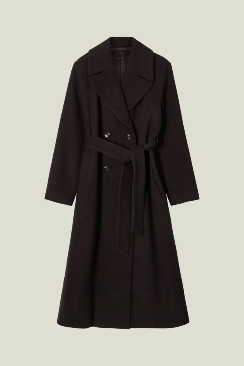 Wool Blend Belted Coat, Dark Brown